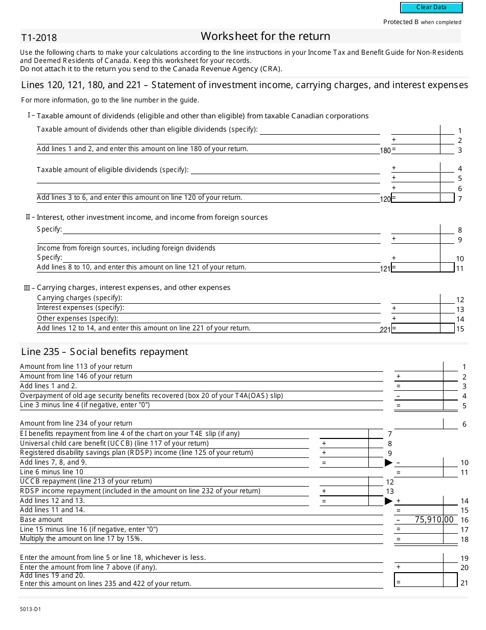 Form 5013-D1 Worksheet for the Return - Canada, Page 1