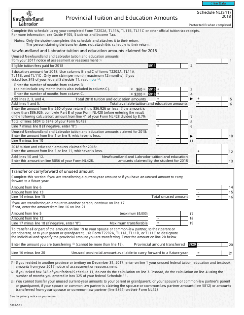 Form 5001-S11 Schedule NL(S11) 2018 Printable Pdf
