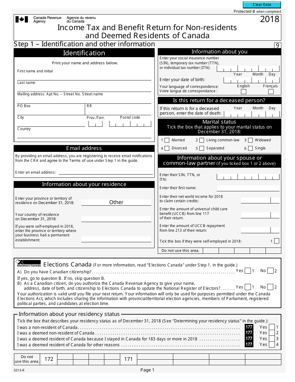 Form 5013-R Income Tax and Benefit Return for Non-residents and Deemed Residents of Canada - Canada, Page 1