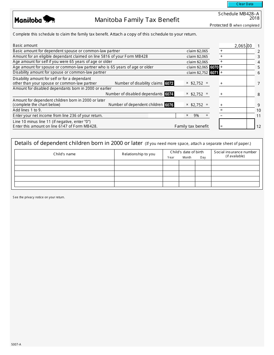 Form 5007-A Schedule MB428-A Manitoba Family Tax Benefit - Canada, Page 1
