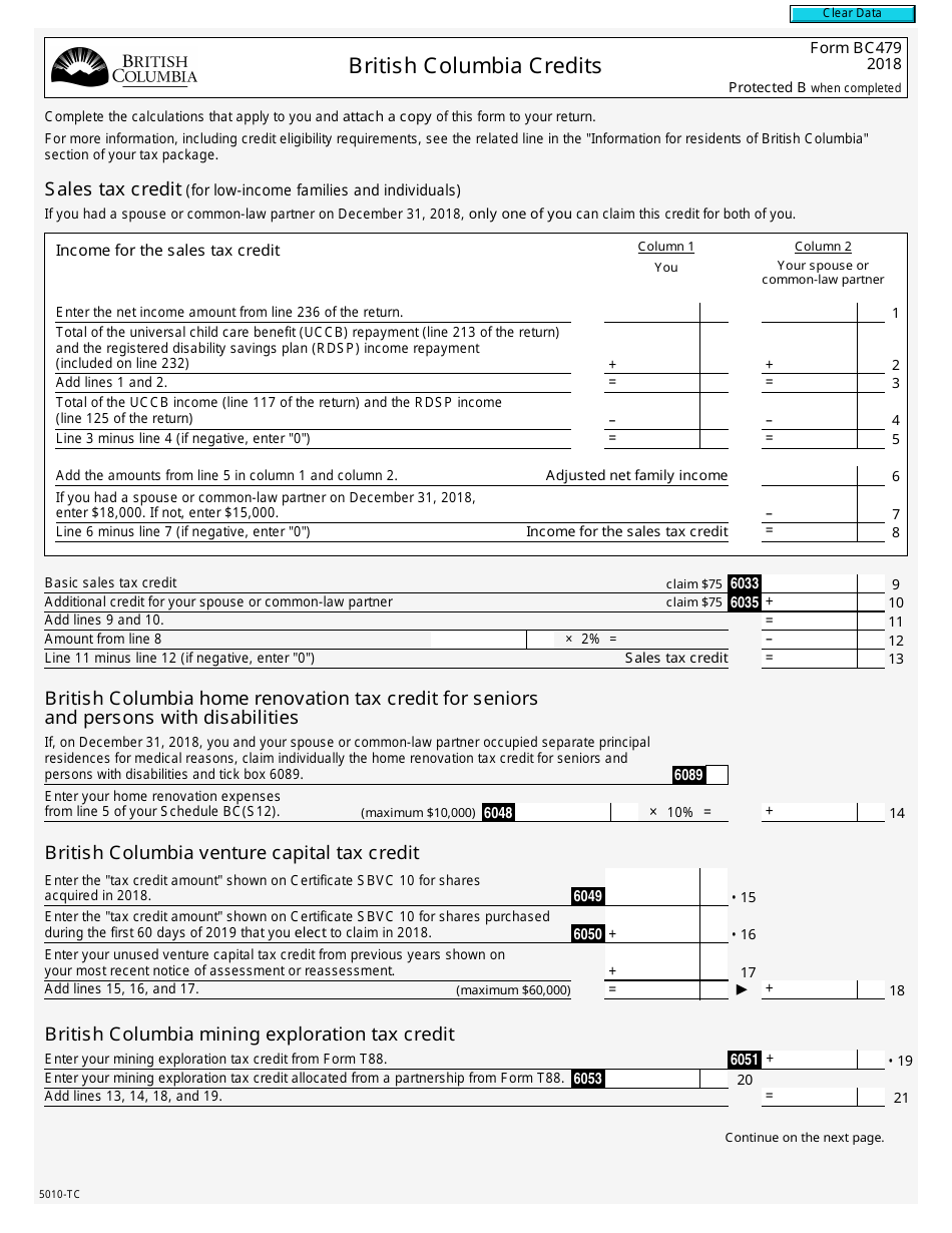 Form 5010-TC (BC479) British Columbia Credits - British Columbia, Canada, Page 1