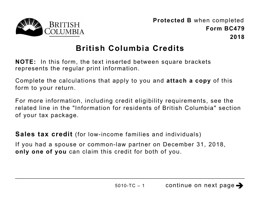 Form 5010-TC (BC479) British Columbia Credits (Large Print) - Canada, 2018