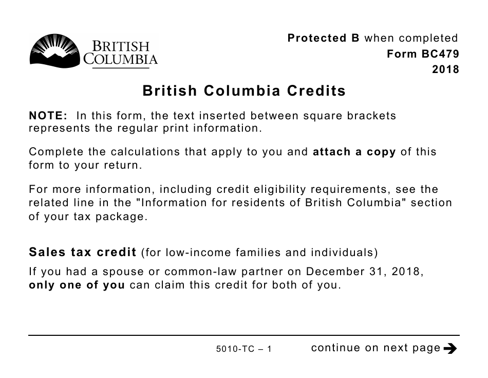 Form 5010-TC (BC479) British Columbia Credits (Large Print) - Canada, Page 1