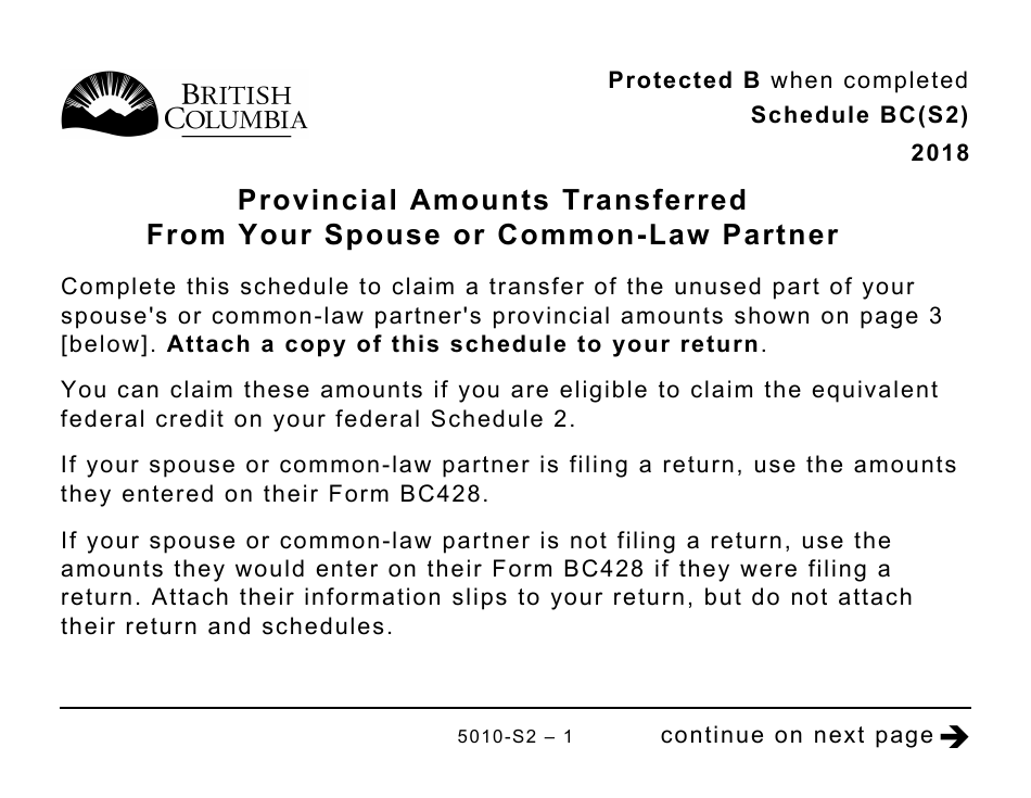 Form 5010-S2 Schedule BC(S2) Provincial Amounts Transferred From Your Spouse or Common-Law Partner (Large Print) - Canada, Page 1