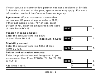 Form 5010-S2 Schedule BC(S2) Provincial Amounts Transferred From Your Spouse or Common-Law Partner (Large Print) - Canada, Page 2