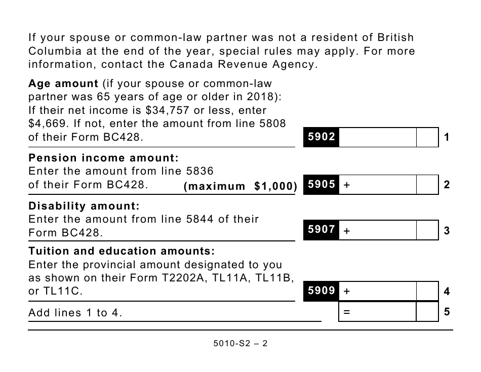 Form 5010-S2 Schedule BC(S2) Provincial Amounts Transferred From Your Spouse or Common-Law Partner (Large Print) - Canada, Page 2