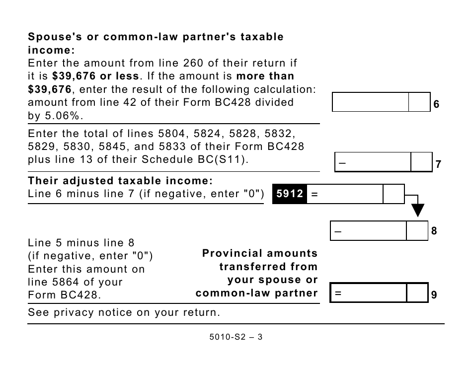 Form 5010-S2 Schedule BC(S2) Provincial Amounts Transferred From Your Spouse or Common-Law Partner (Large Print) - Canada, Page 3