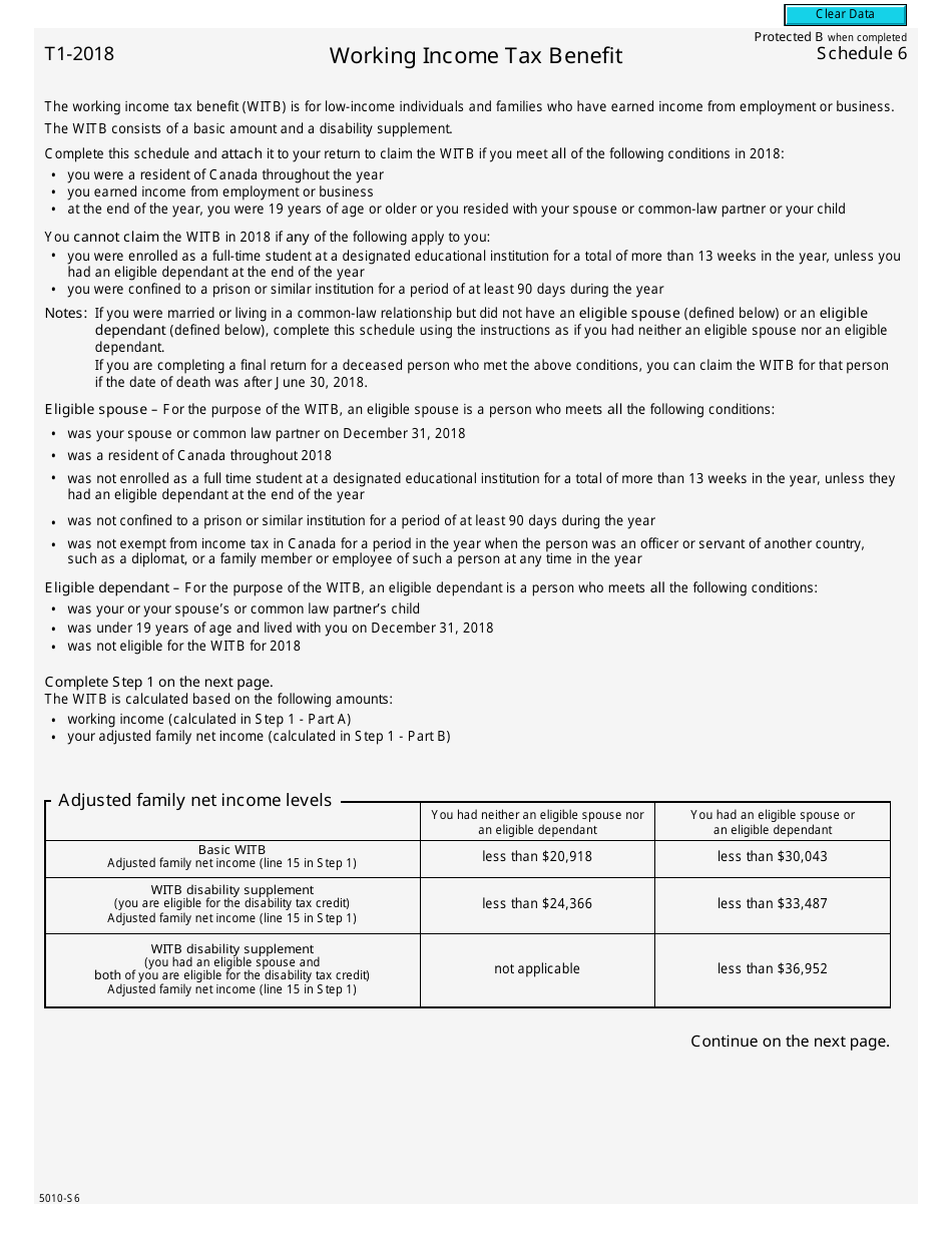 Form 5010-S6 Schedule 6 Working Income Tax Benefit - Canada, Page 1
