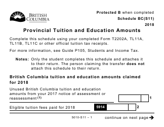 Document preview: Form 5010-S11 Schedule BC(S11) Provincial Tuition and Education Amounts (Large Print) - Canada, 2018