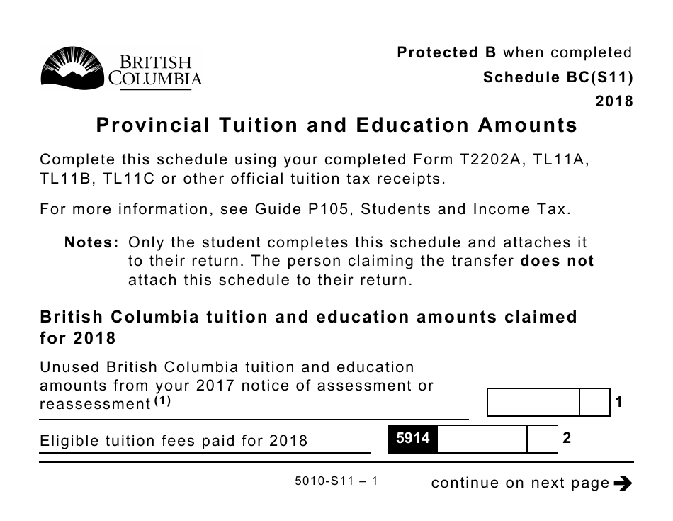 Form 5010-S11 Schedule BC(S11) Provincial Tuition and Education Amounts (Large Print) - Canada, Page 1