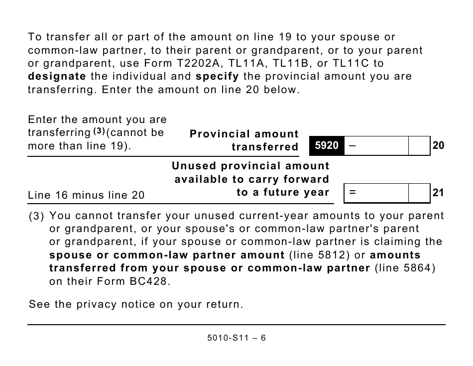 Form 5010-S11 Schedule BC(S11) Provincial Tuition and Education Amounts (Large Print) - Canada, Page 6