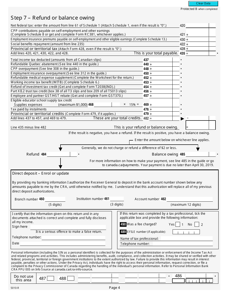 Form 5010-R Income Tax and Benefit Return - Canada, Page 4