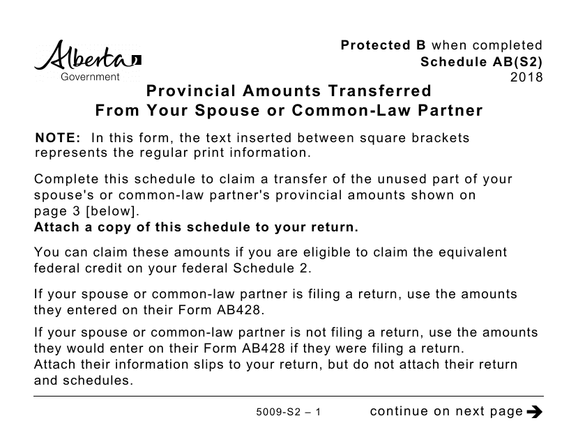 Form 5009-S2 Schedule AB(S2) Provincial Amounts Transferred From Your Spouse or Common-Law Partner (Large Print) - Canada, 2018