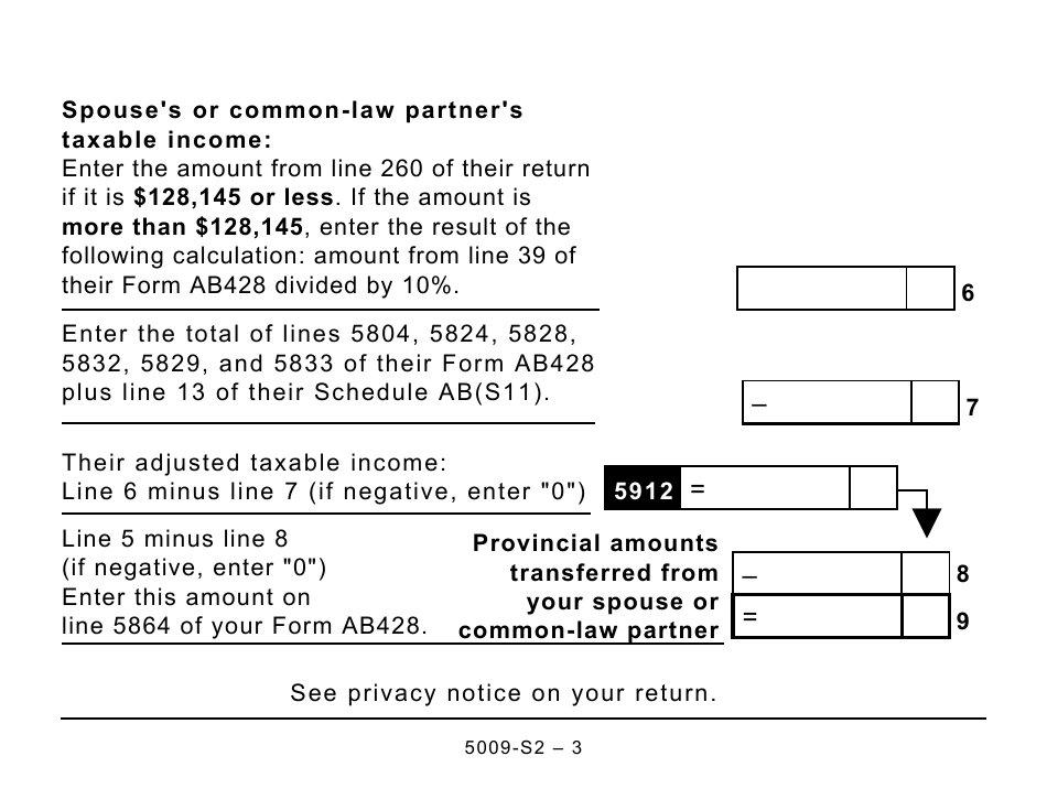 Form 5009-S2 Schedule AB(S2) Provincial Amounts Transferred From Your Spouse or Common-Law Partner (Large Print) - Canada, Page 3