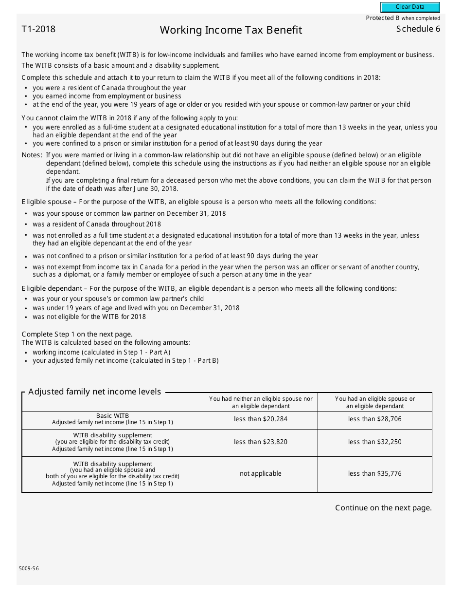 Form 5009-S6 Schedule 6 Working Income Tax Benefit - Canada, Page 1