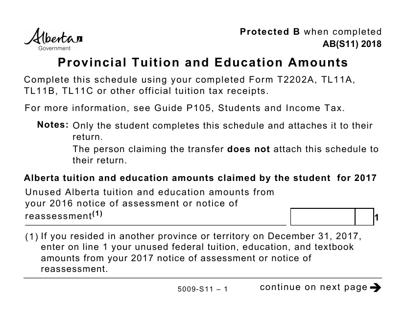Form 5009-S11 Schedule AB(S11) Provincial Tuition and Education Amounts (Large Print) - Canada, 2018