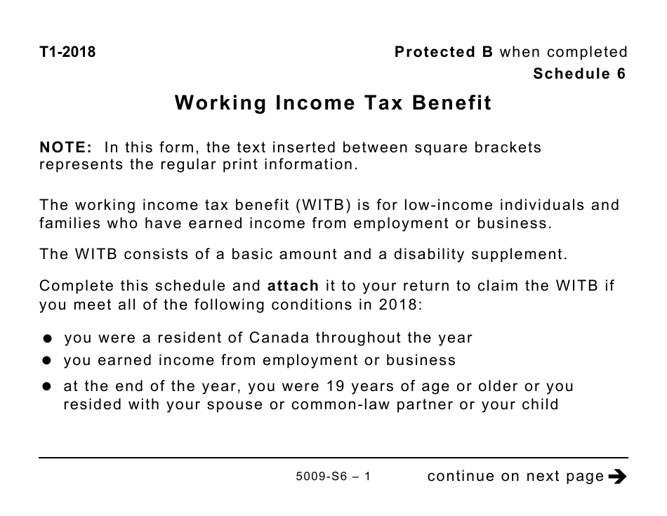 Form 5009-S6 Schedule 6 Working Income Tax Benefit (Large Print) - Canada, Page 1