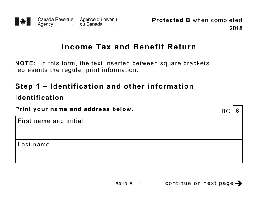 Form 5010-R Income Tax and Benefit Return (Large Print) - Canada, 2018