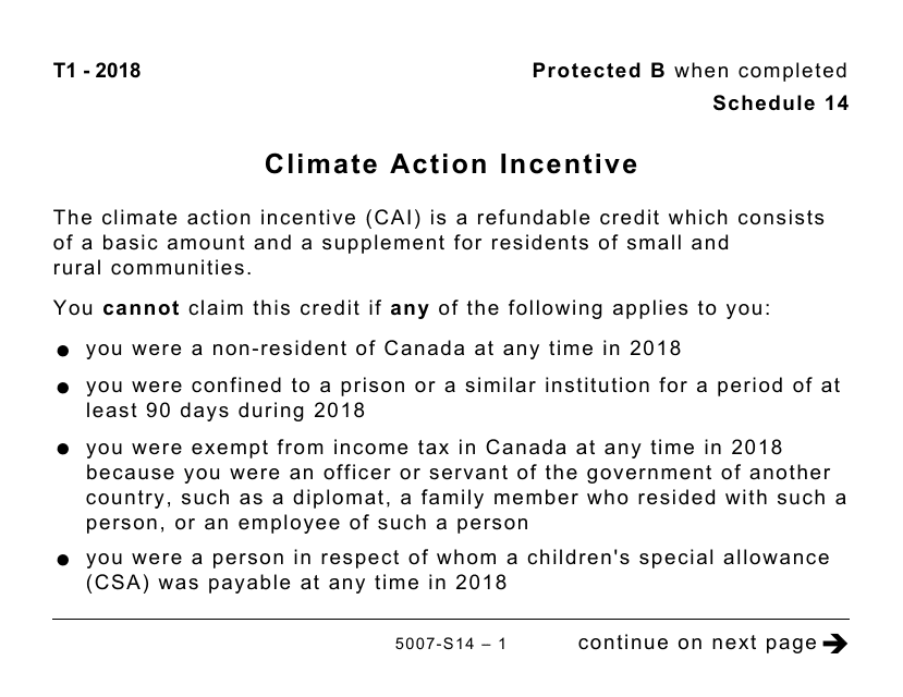 Form 5007-S14 Schedule 14 Climate Action Incentive (Large Print) - Canada, 2018