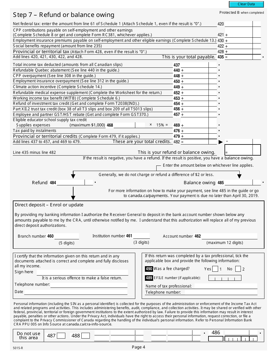 Form 5015-R Income Tax and Benefit Return - Canada, Page 4