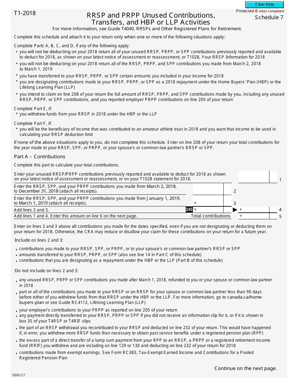 Form 5000-S7 Schedule 7 Rrsp and Prpp Unused Contributions, Transfers, and Hbp or LLP Activities - Canada, Page 1