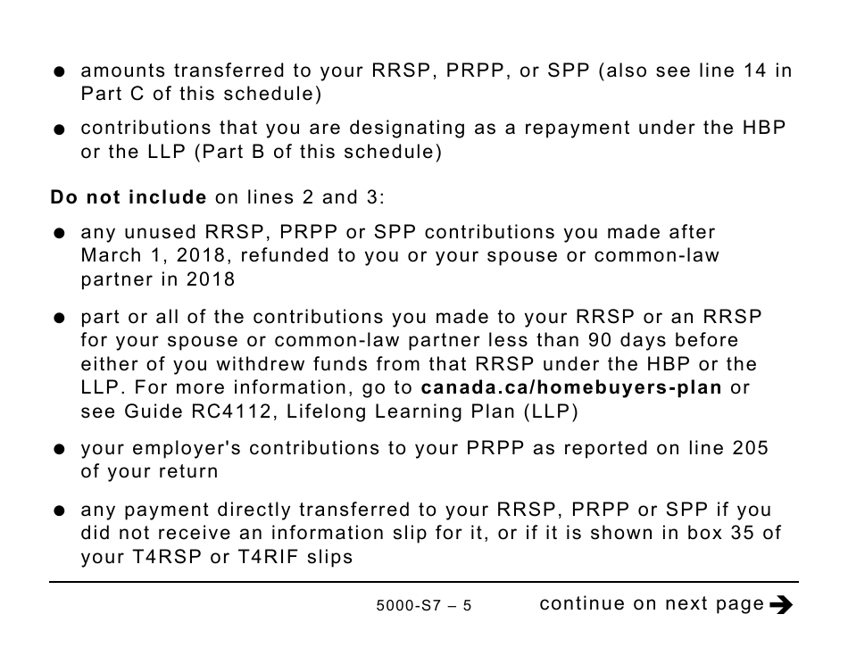Form 5000-S7 Schedule 7 Rrsp and Prpp Unused Contributions, Transfers, and Hbp or LLP Activities (Large Print) - Canada, Page 5