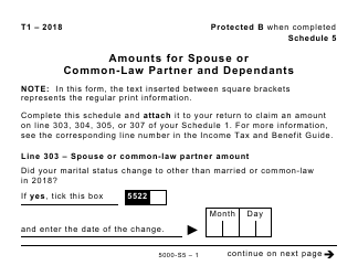 Document preview: Form 5000-S5 Schedule 5 Amounts for Spouse or Common-Law Partner and Dependants (Large Print) - Canada, 2018