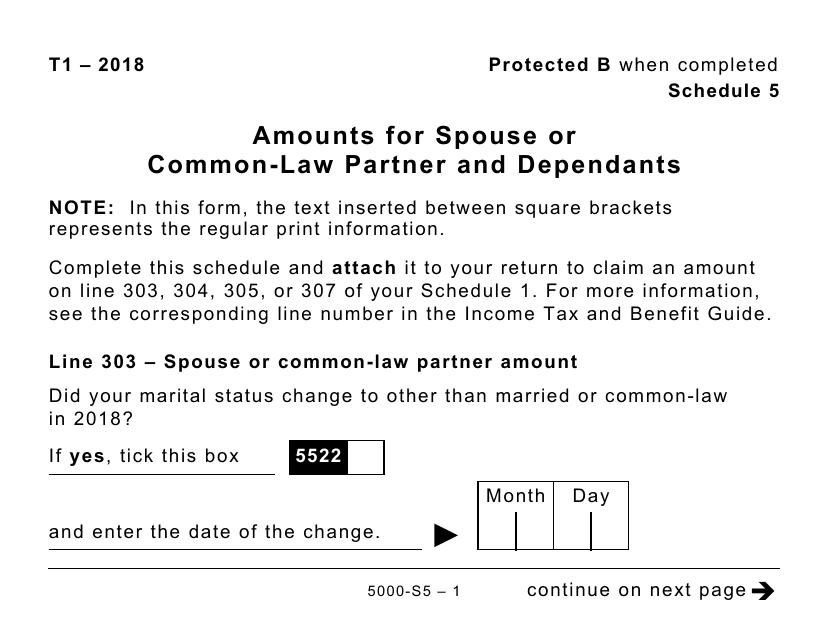 Form 5000-S5 Schedule 5 Amounts for Spouse or Common-Law Partner and Dependants (Large Print) - Canada, 2018