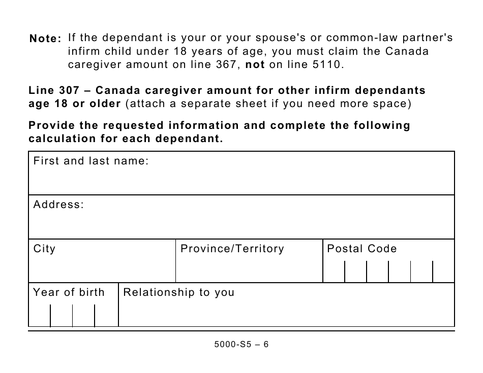 Form 5000-S5 Schedule 5 Amounts for Spouse or Common-Law Partner and Dependants (Large Print) - Canada, Page 6
