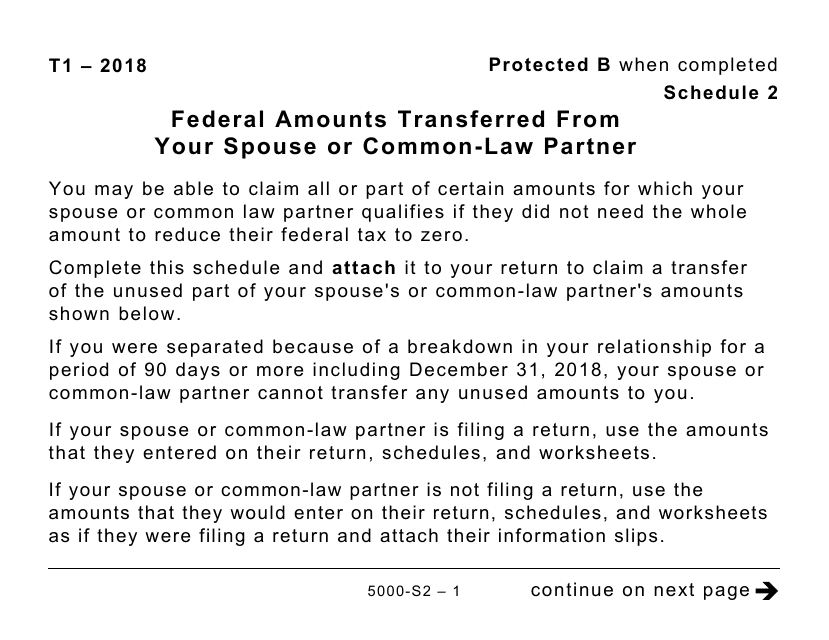 Form 5000-S2 Federal Amounts Transferred From Your Spouse or Common-Law Partner (Large Print) - Canada, 2018