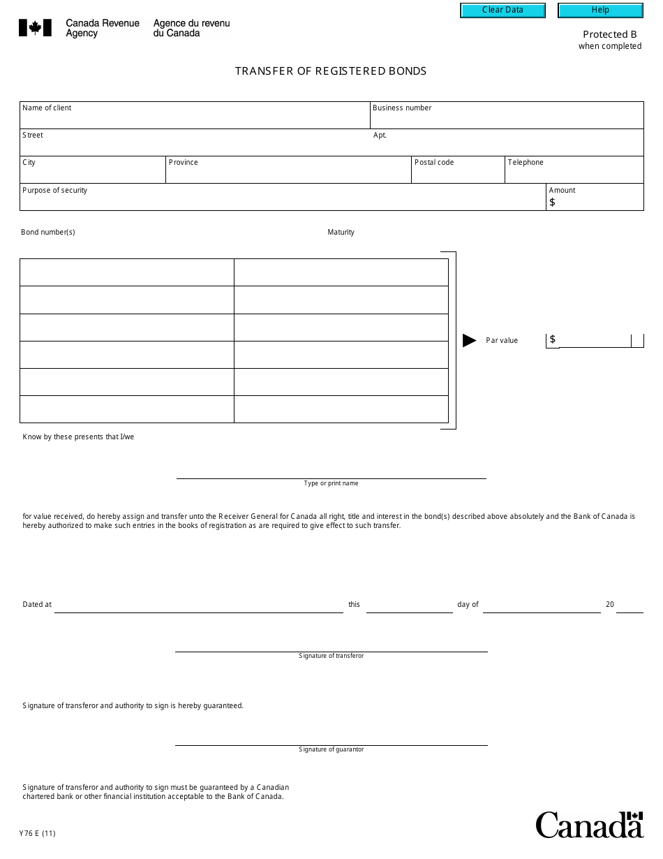Form Y76 Transfer of Registered Bonds - Canada, Page 1