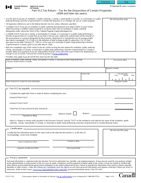 Form T913 Part XI.2 Tax Return - Tax for the Disposition of Certain Properties (2004 and Later Tax Years) - Canada