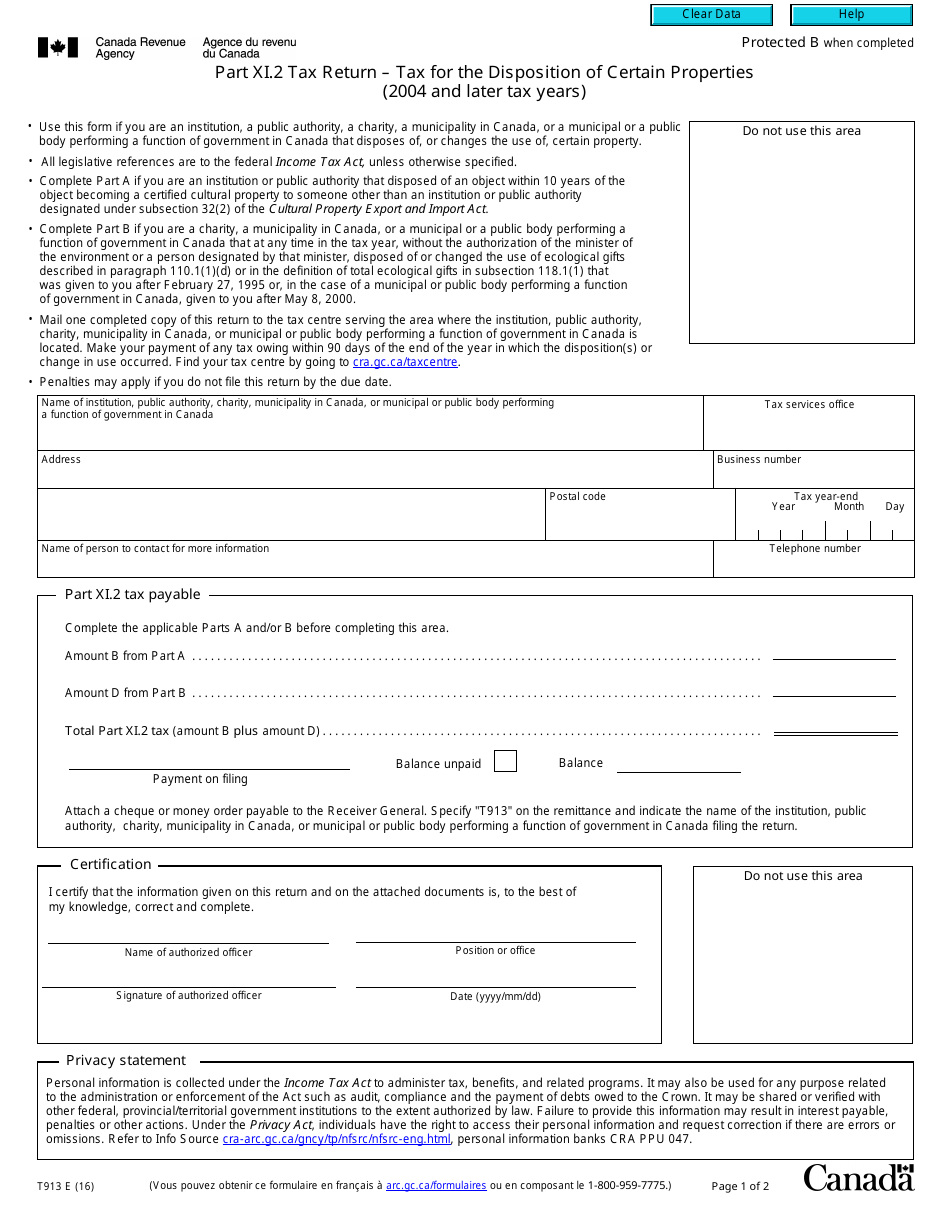 Form T913 Part XI.2 Tax Return - Tax for the Disposition of Certain Properties (2004 and Later Tax Years) - Canada, Page 1
