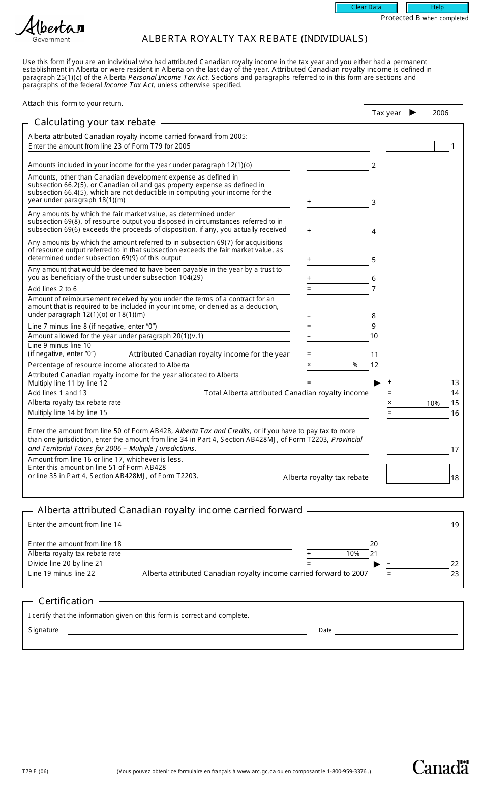 Form T79 Alberta Royalty Tax Rebate (Individuals) - Canada, Page 1