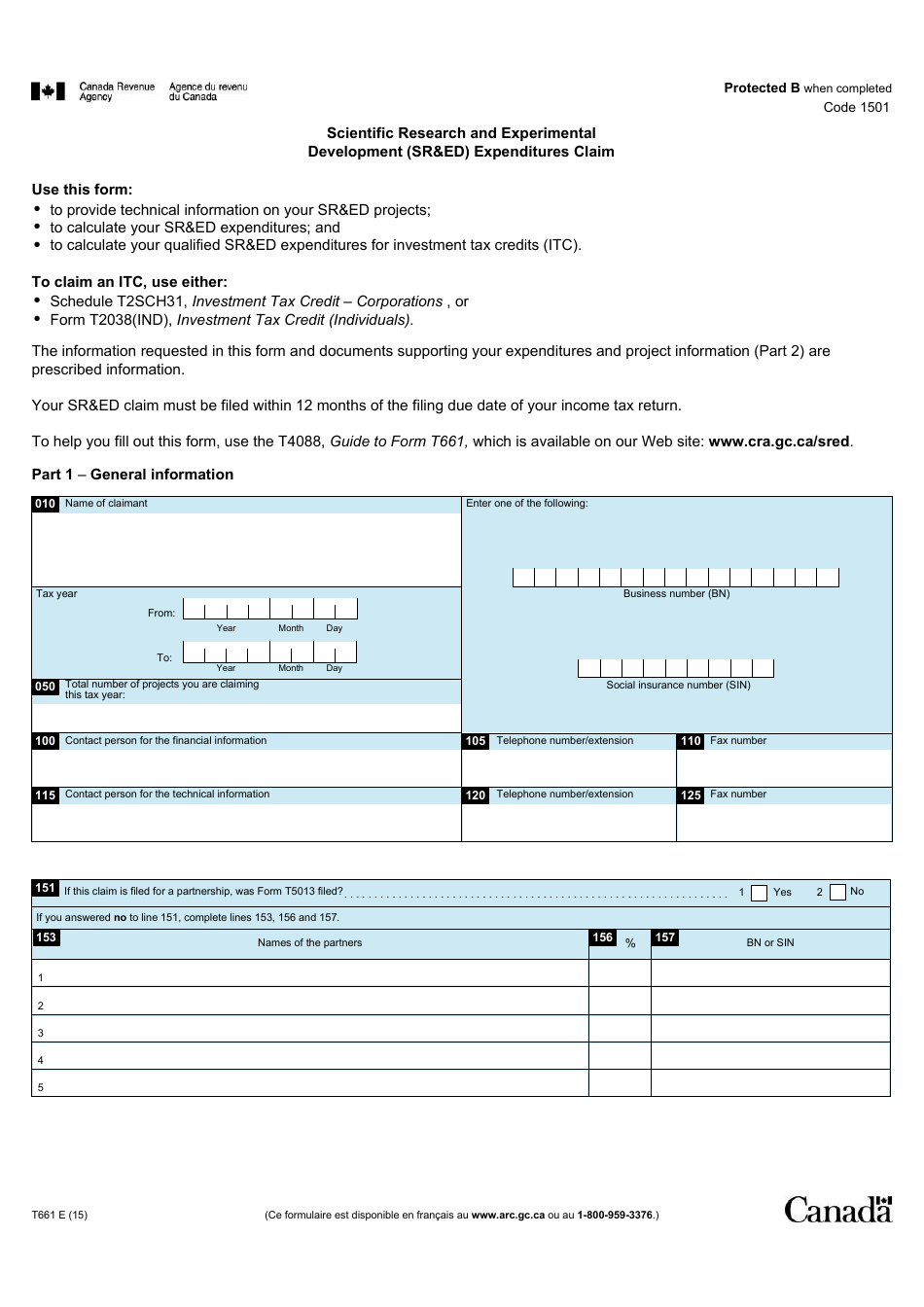 Form T661 Scientific Research and Experimental Development (Sred) Expenditures Claim - Canada, Page 1