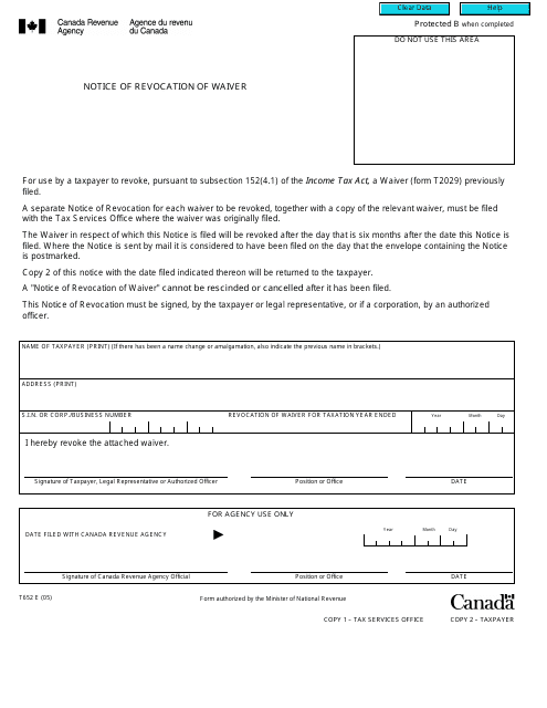 Form T652 Notice of Revocation of Waiver - Canada