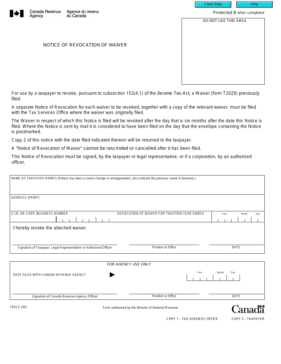 Form T652 Notice of Revocation of Waiver - Canada, Page 1