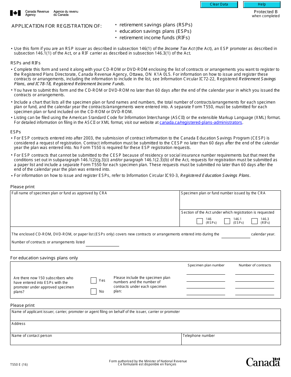 Form T550 Application for Registration of Rsps, Esps or Rifs Under Section 146, 146.1 and 146.3 of the Income Tax Act - Canada, Page 1
