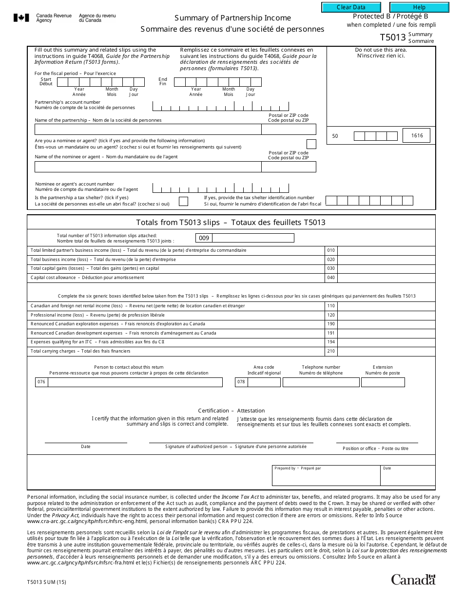 Form T5013 SUM Summary of Partnership Income - Canada (English / French), Page 1