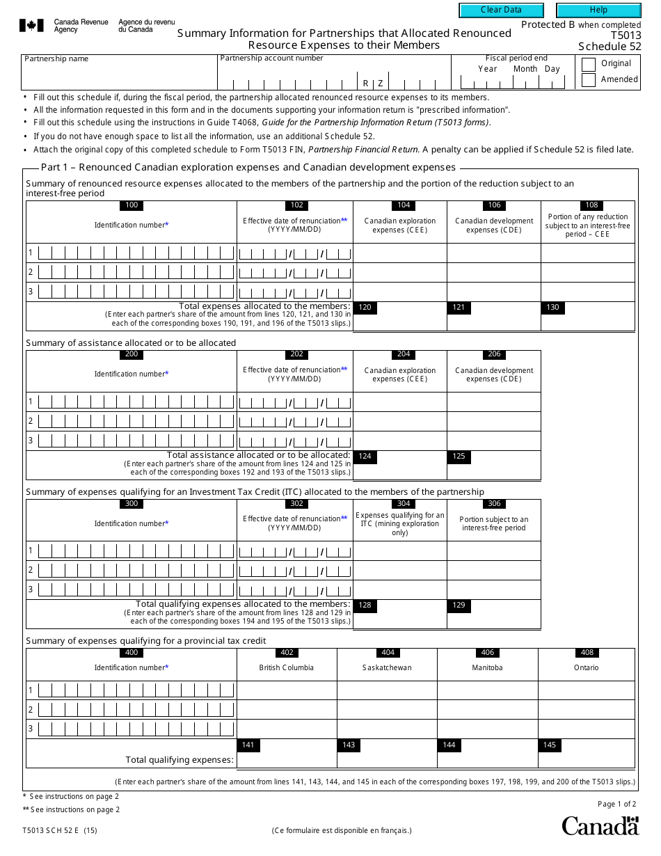 Form T5013 Schedule 52 Summary Information for Partnerships That Allocated Renounced Resource Expenses to Their Members - Canada, Page 1