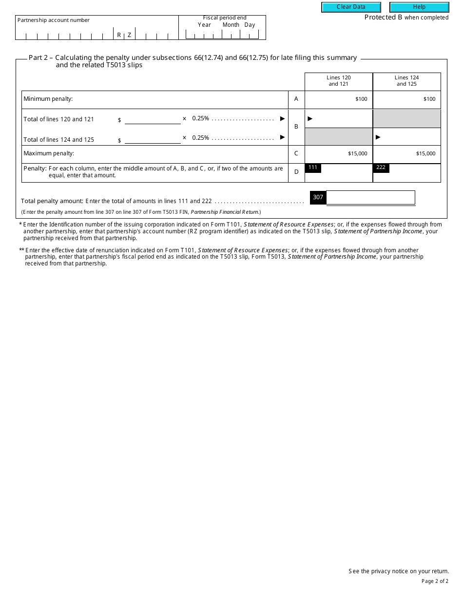 Form T5013 Schedule 52 Summary Information for Partnerships That Allocated Renounced Resource Expenses to Their Members - Canada, Page 2