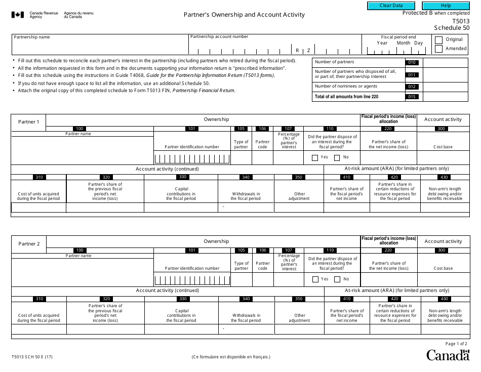 Form T5013 Schedule 50 Partners Ownership and Account Activity - Canada, Page 1
