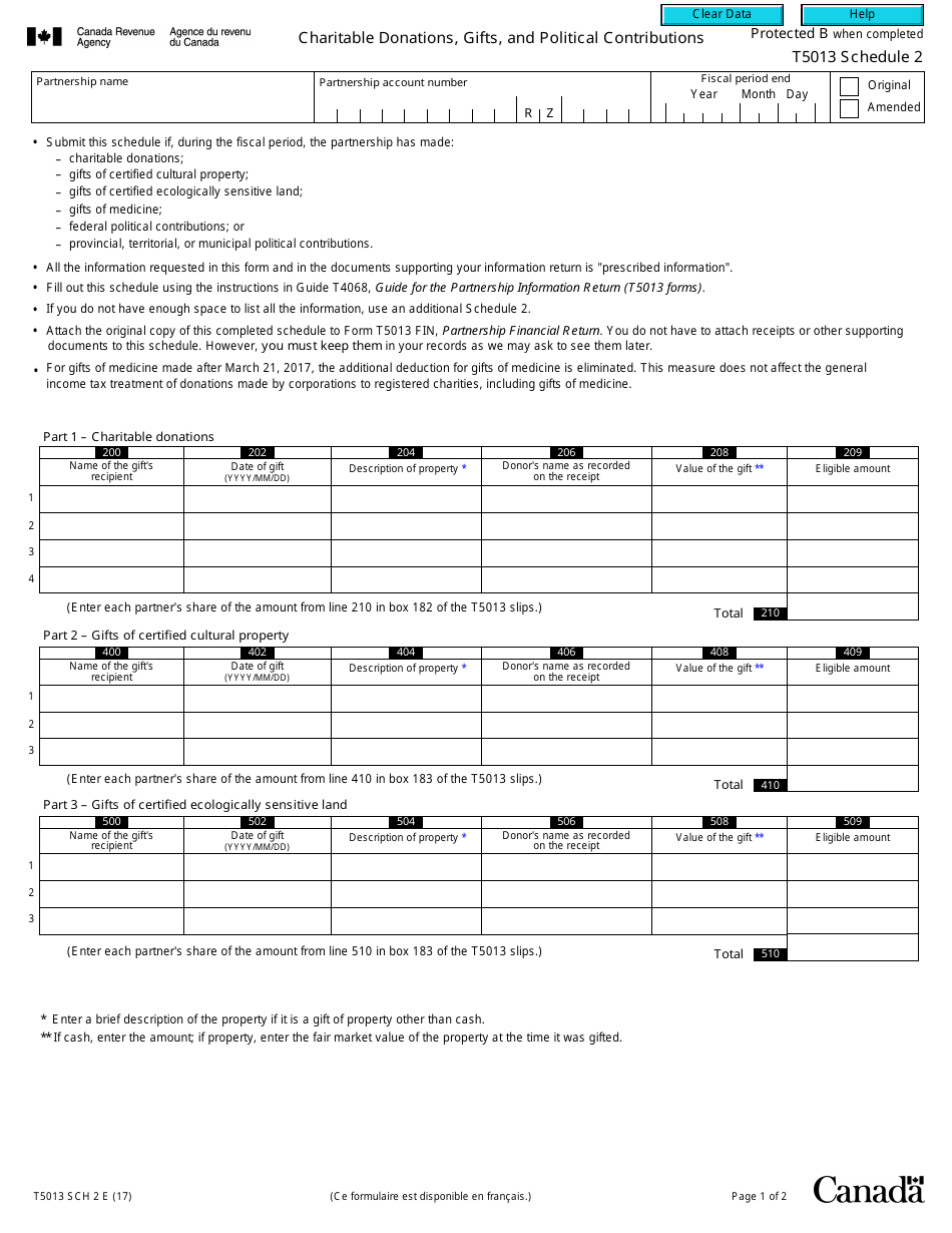 Form T5013 Schedule 2 Charitable Donations, Gifts, and Political Contributions - Canada, Page 1