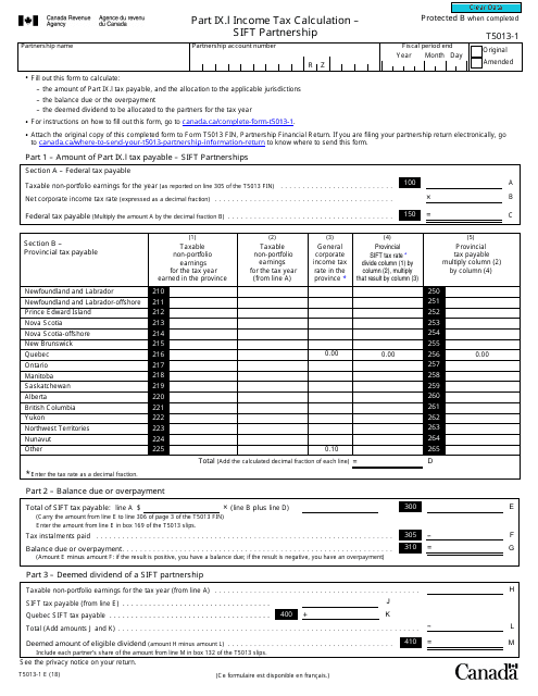 Form T5013-1 Part IX.I Income Tax Calculation - Sift Partnership - Canada