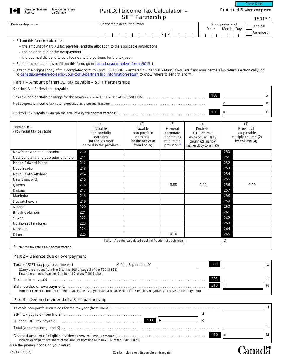 Form T5013-1 Part IX.I Income Tax Calculation - Sift Partnership - Canada, Page 1