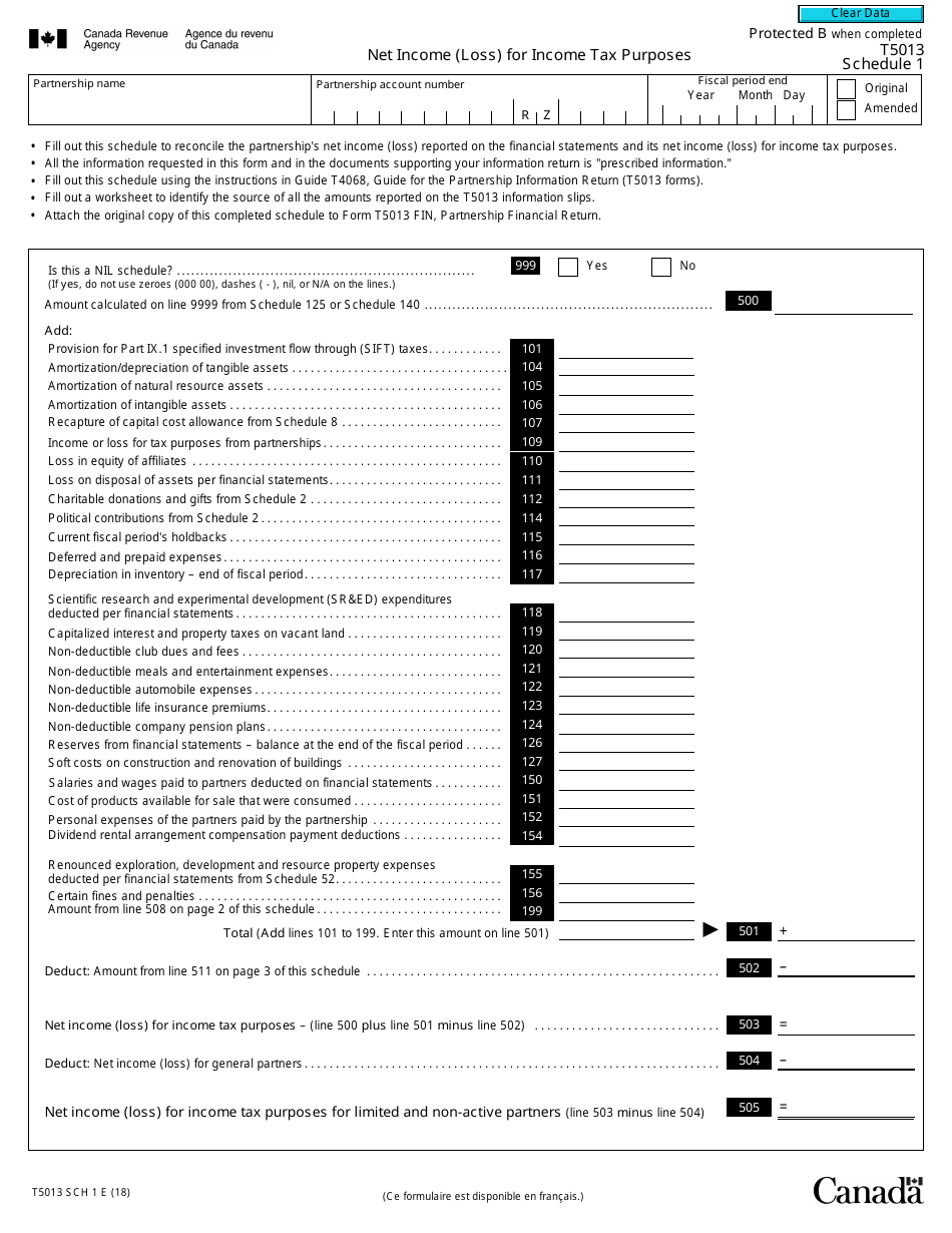 Form T5013 Schedule 1 Download Fillable PDF or Fill Online Net Income (Loss) for Income Tax