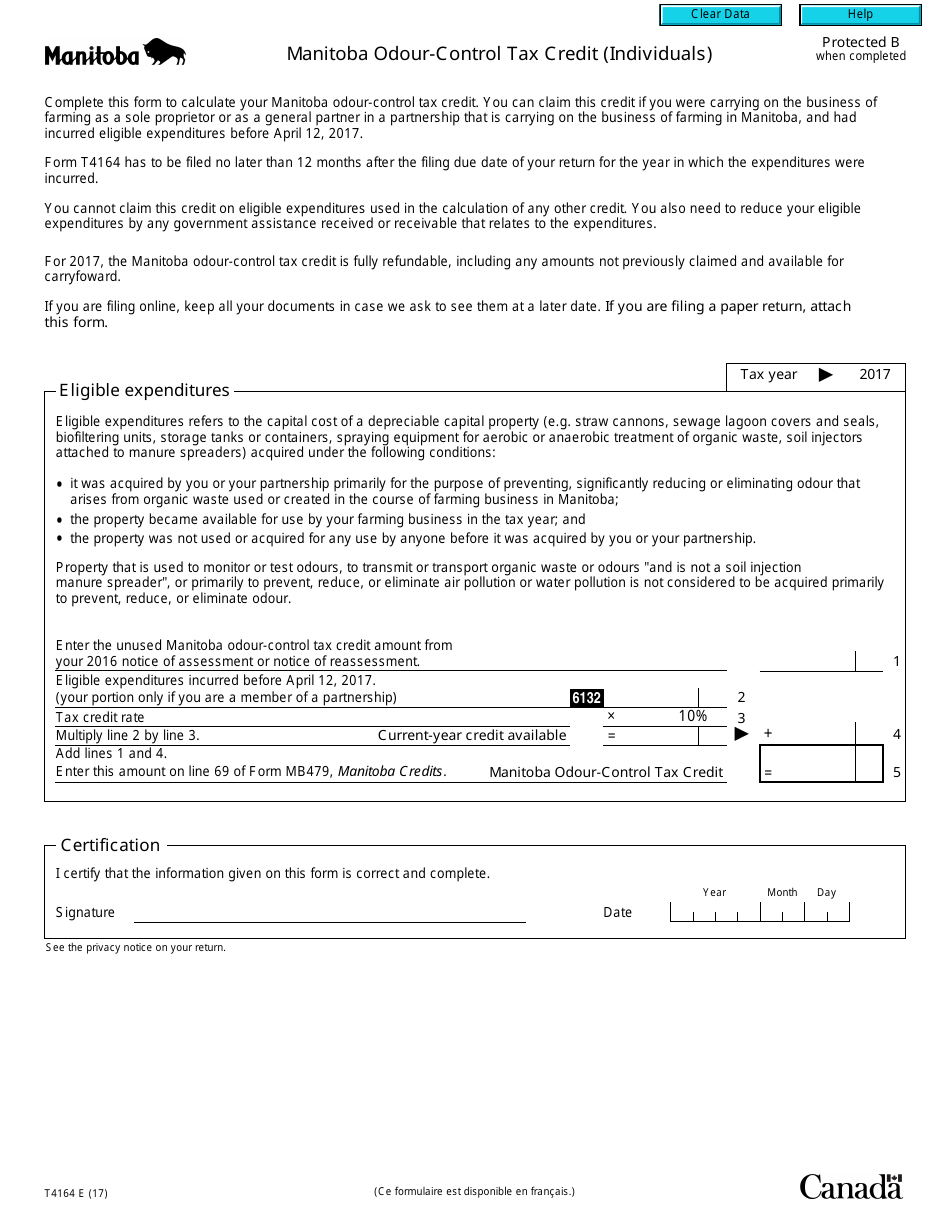 Form T4164 Manitoba Odour-Control Tax Credit (Individuals) - Canada, Page 1