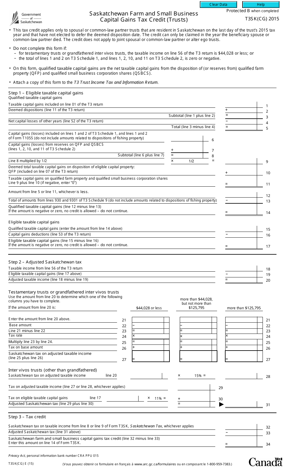 Form T3SK(CG) Saskatchewan Farm and Small Business Capital Gains Tax Credit (Trusts) - Canada, Page 1