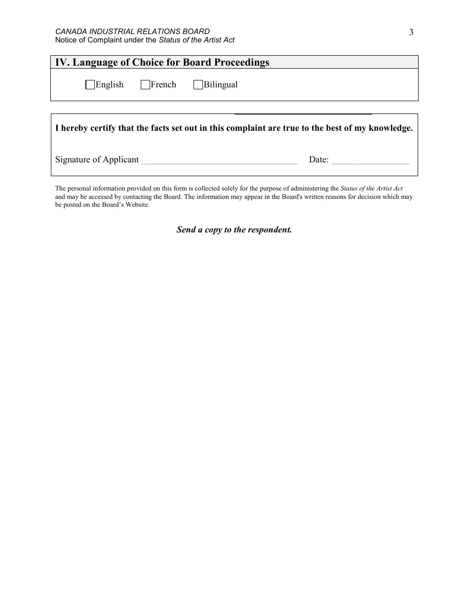 Notice of Complaint Under the Status of the Artist Act - Canada, Page 3