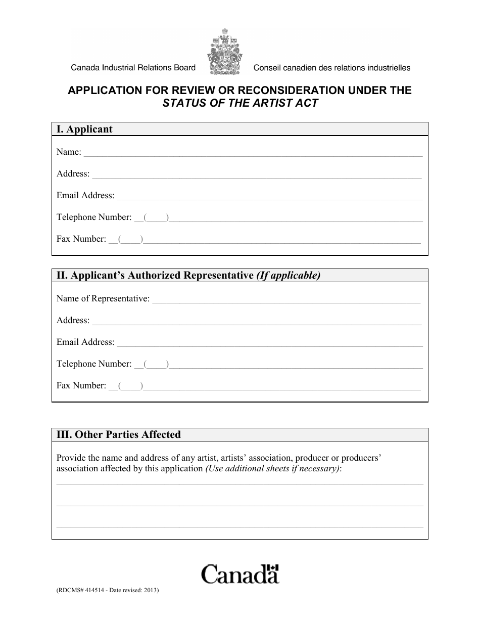 Application for Review or Reconsideration Under the Status of the Artist Act - Canada, Page 1